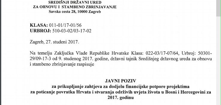 Republika Hrvatska daje NOVČANE POTPORE projektima koji POTIČU POVRATAK Hrvata u BiH
