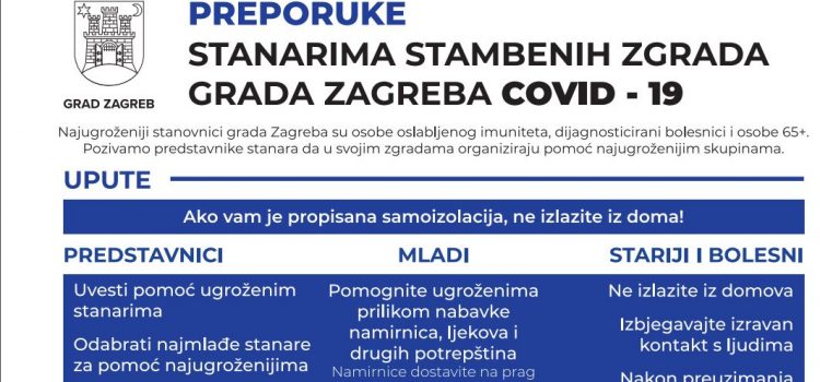 Grad Zagreb preporučio predstavnicima stanara da uvedu pomoć ugroženima, starijima i bolesnima